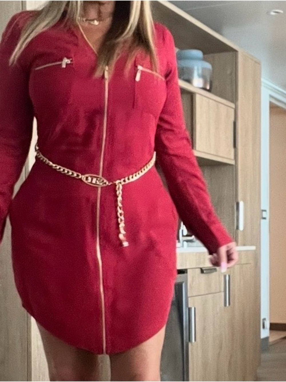 Guess Red Zip-Front Mini Dress with Gold Chain